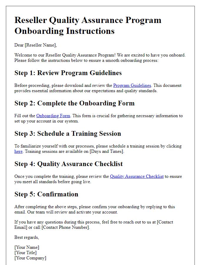 Letter template of Reseller Quality Assurance Program Onboarding Instructions