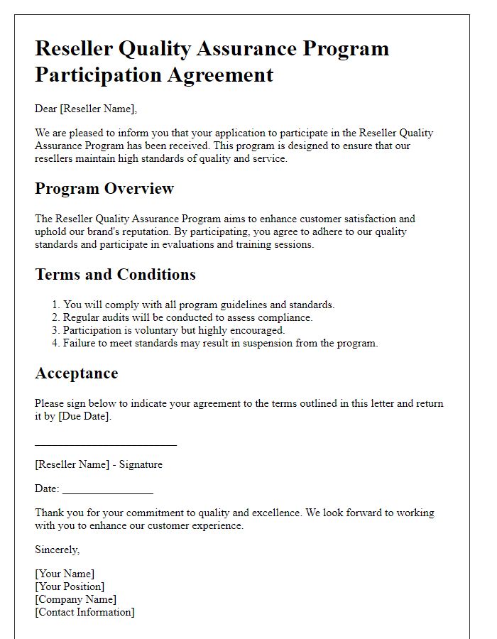 Letter template of Reseller Quality Assurance Program Participation Agreement