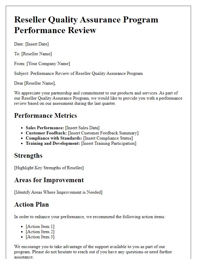 Letter template of Reseller Quality Assurance Program Performance Review