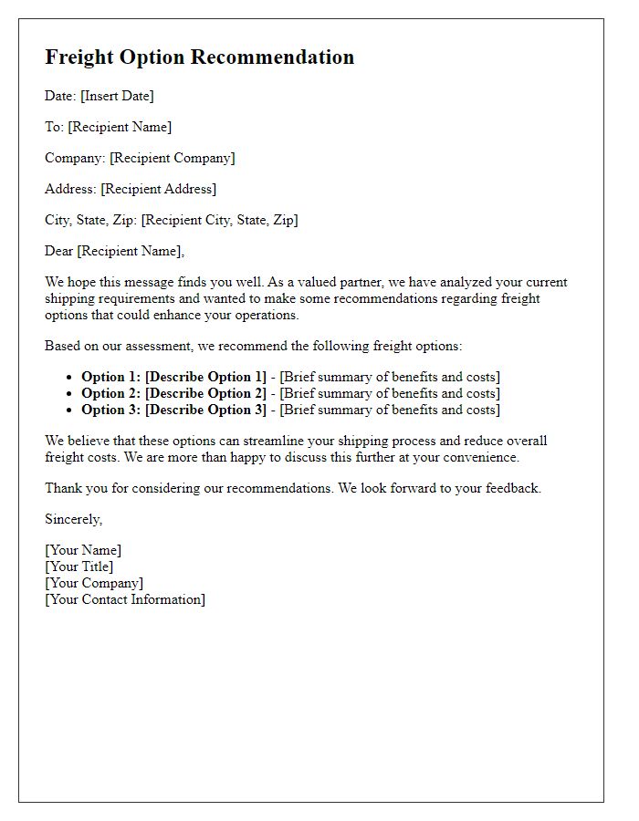 Letter template of reseller freight option recommendation