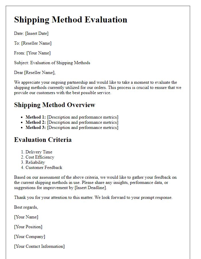 Letter template of reseller shipping method evaluation