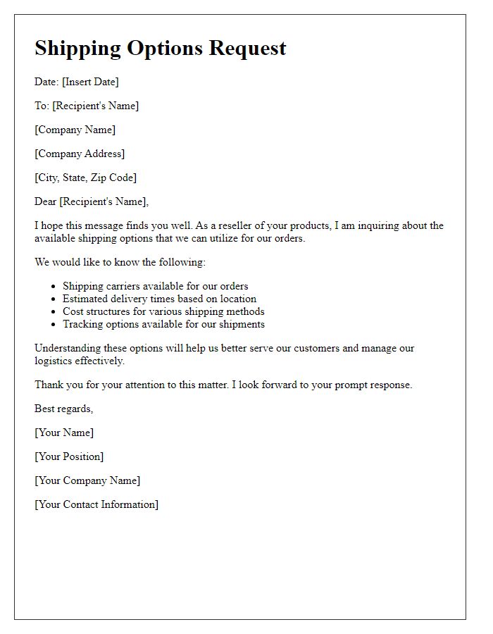 Letter template of reseller shipping options request