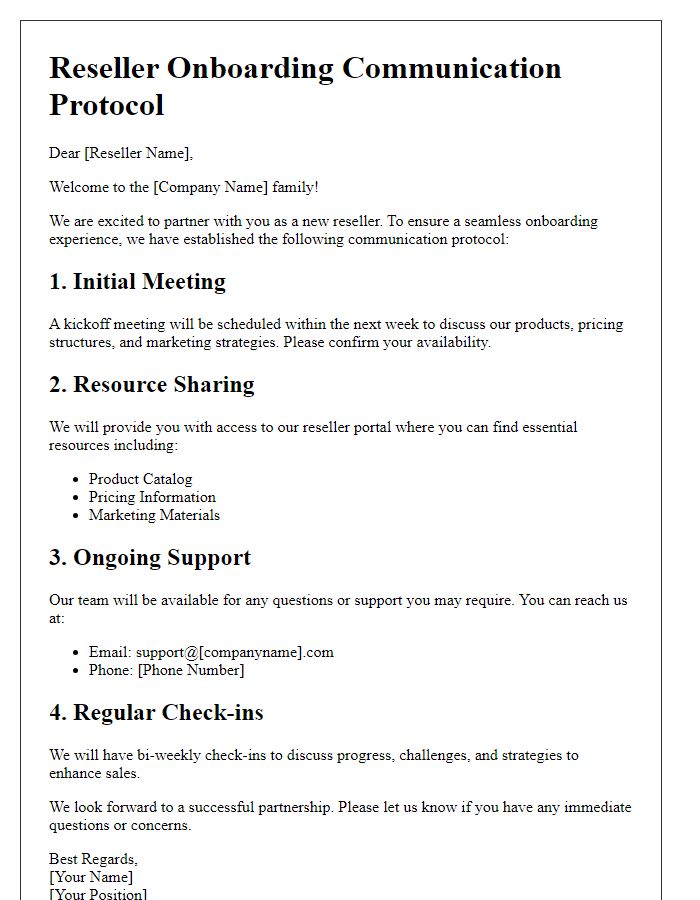 Letter template of reseller onboarding communication protocol.