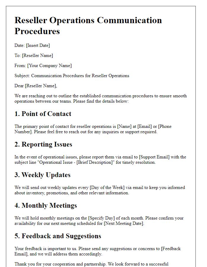 Letter template of reseller operations communication procedures.