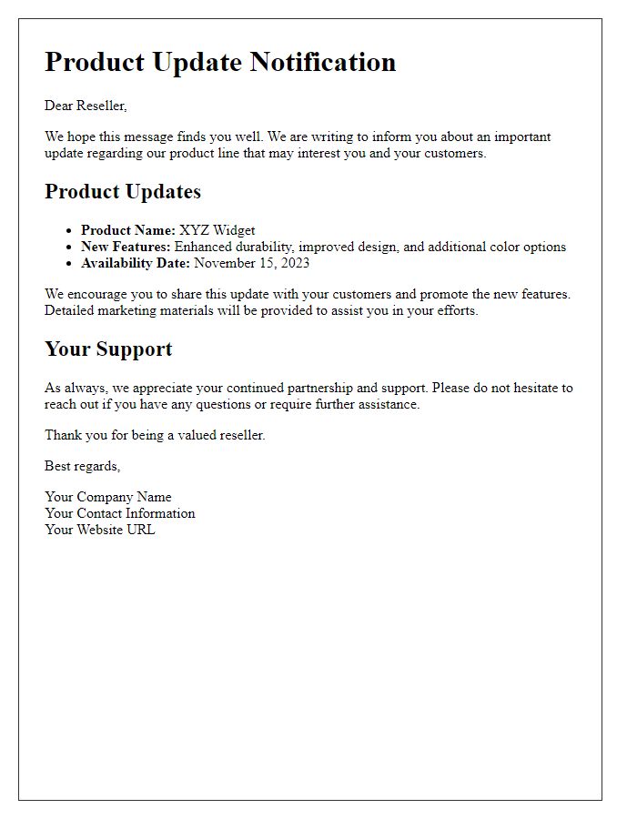 Letter template of reseller product update communication notice.