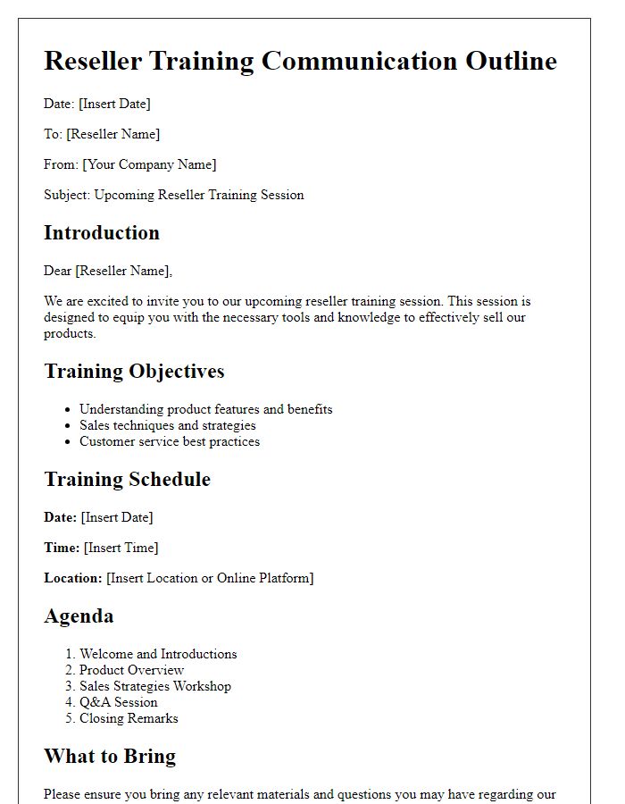 Letter template of reseller training communication outline.