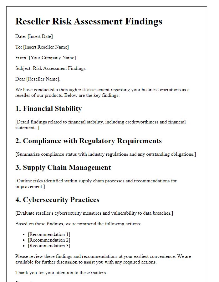 Letter template of reseller risk assessment findings.