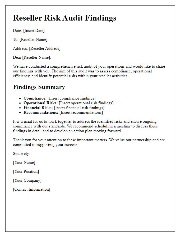 Letter template of reseller risk audit findings.