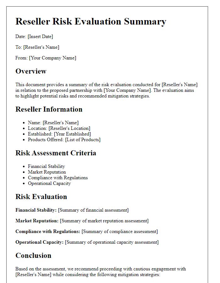 Letter template of reseller risk evaluation summary.