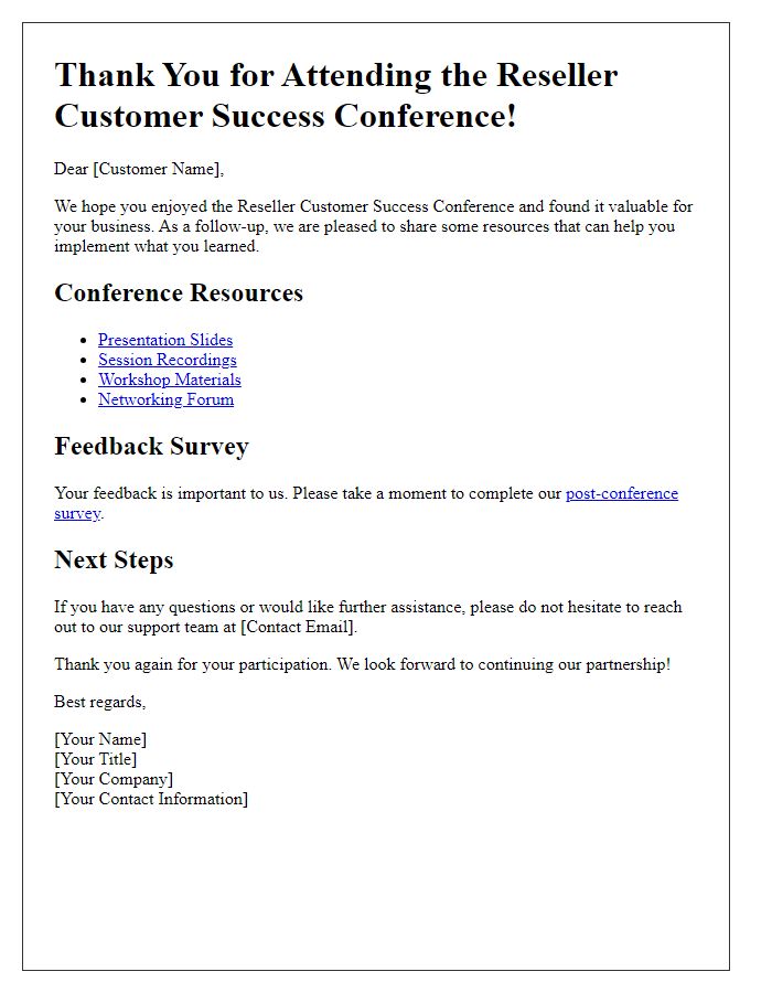 Letter template of post-conference resources for reseller customer success conference