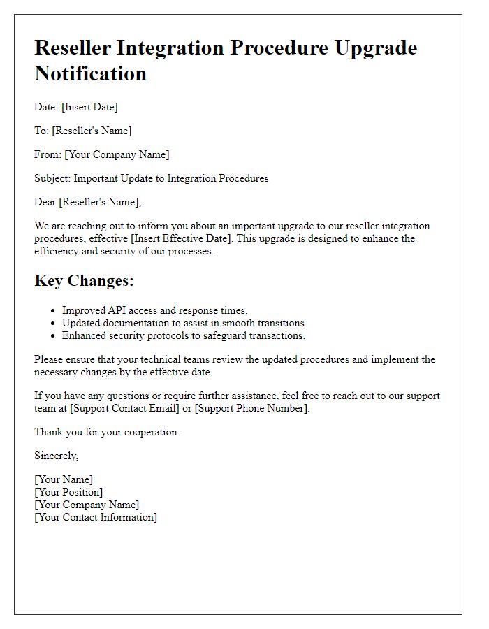 Letter template of Reseller Integration Procedure Upgrade