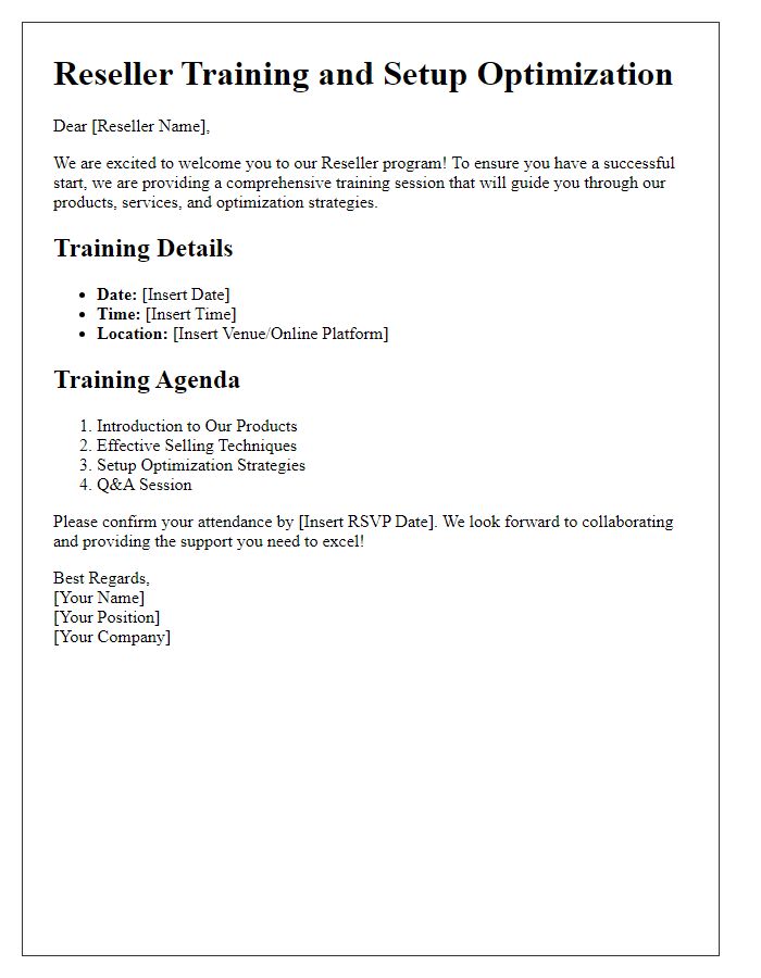 Letter template of Reseller Training and Setup Optimization