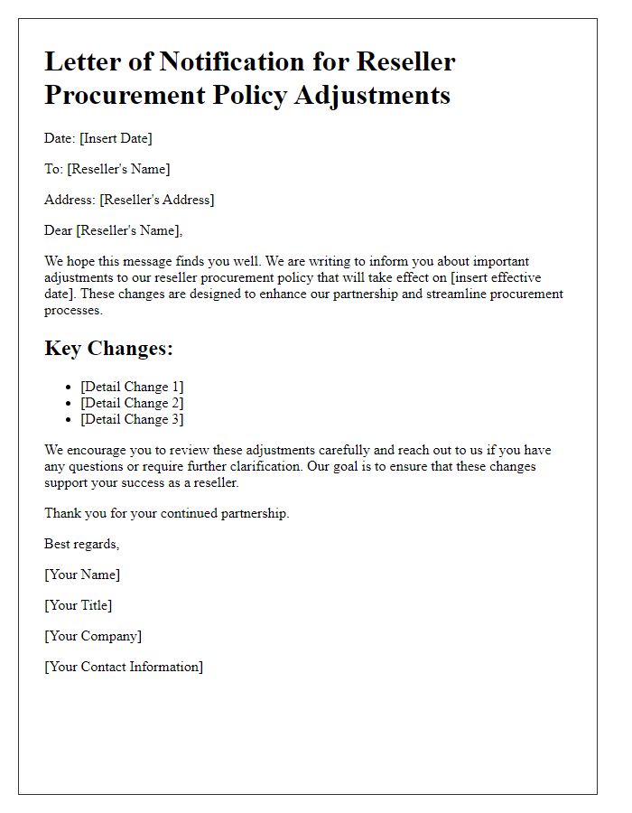 Letter template of reseller procurement policy adjustments