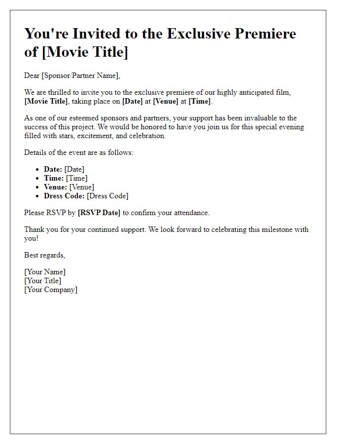 Letter template of movie premiere invitation for sponsors and partners