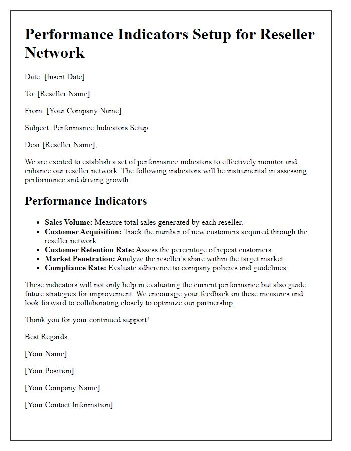 Letter template of Performance Indicators Setup for Reseller Network