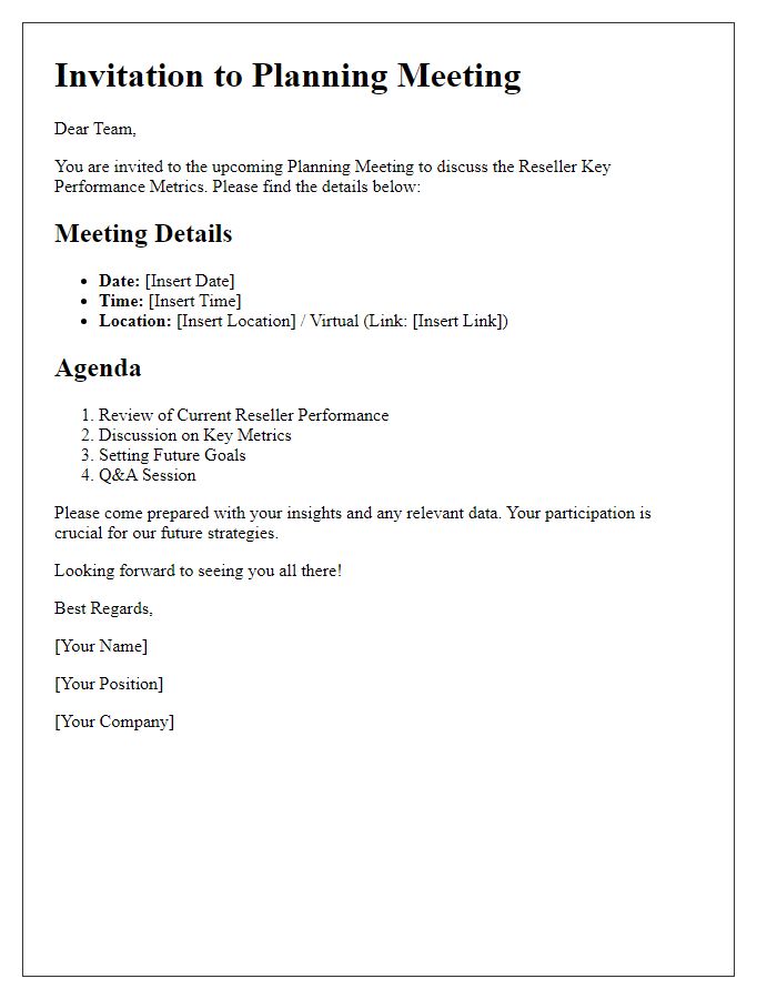 Letter template of Planning Meeting for Reseller Key Performance Metrics