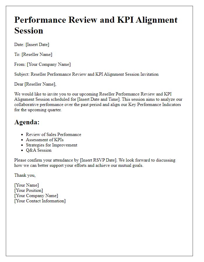 Letter template of Reseller Performance Review and KPI Alignment Session