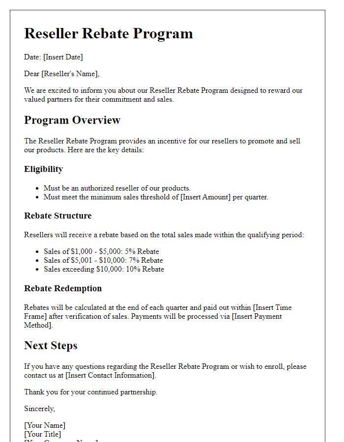 Letter template of reseller rebate program details