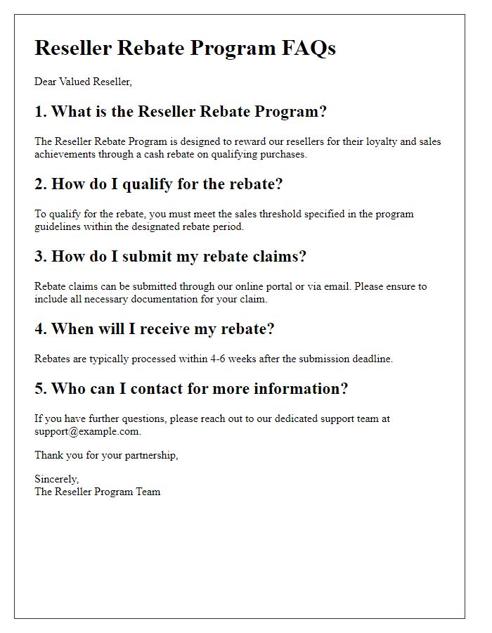 Letter template of reseller rebate program FAQs