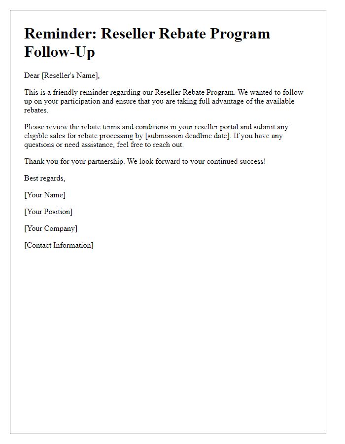 Letter template of reseller rebate program follow-up reminder