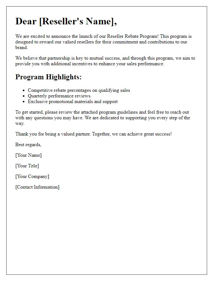 Letter template of reseller rebate program initial communication