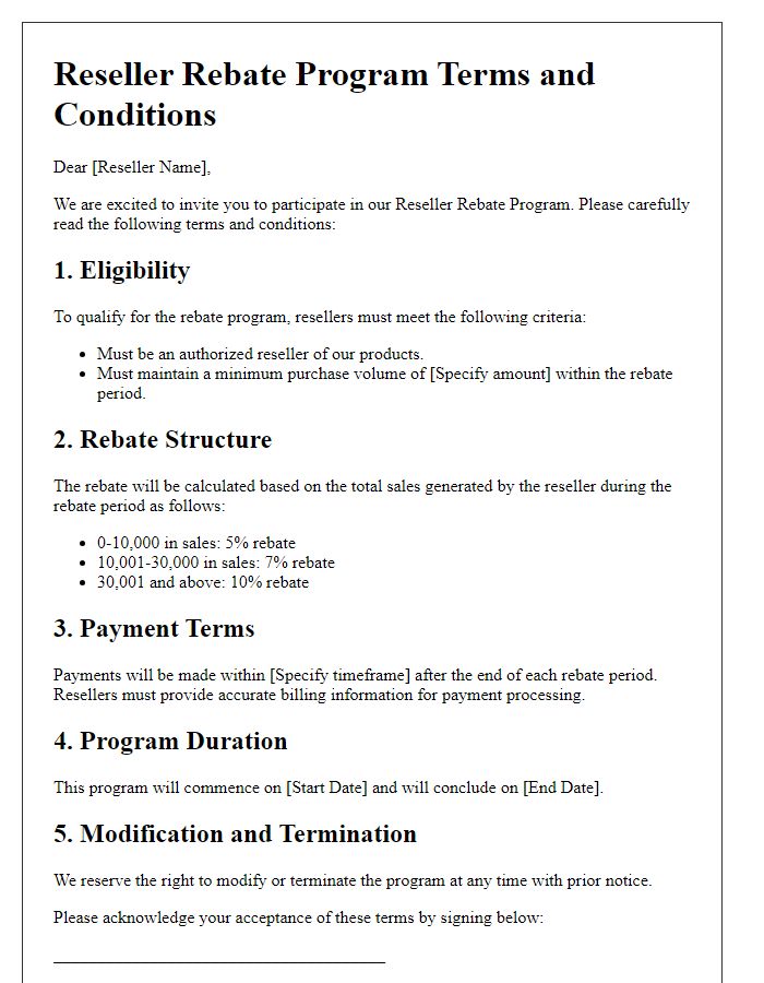 Letter template of reseller rebate program term conditions