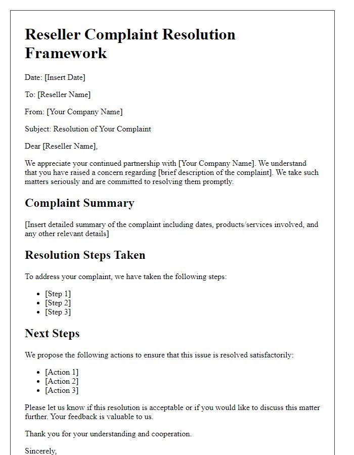 Letter template of reseller complaint resolution framework