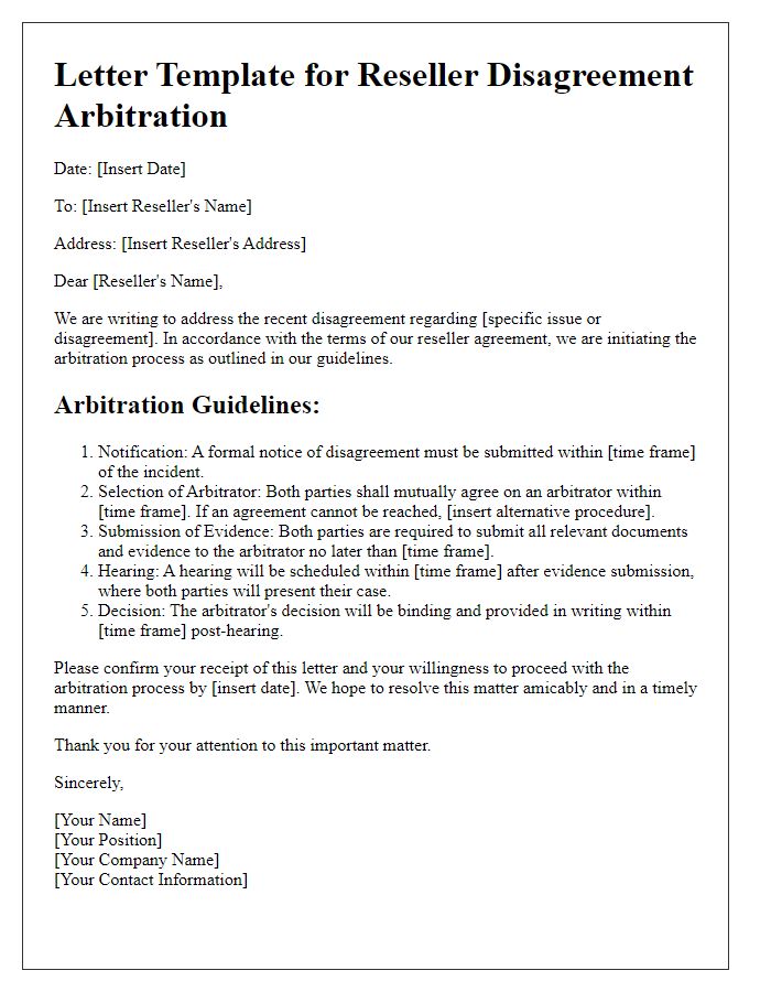 Letter template of reseller disagreement arbitration guidelines