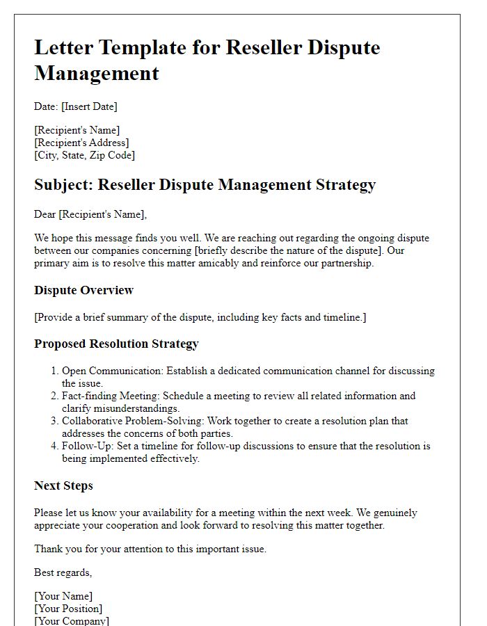 Letter template of reseller dispute management strategy