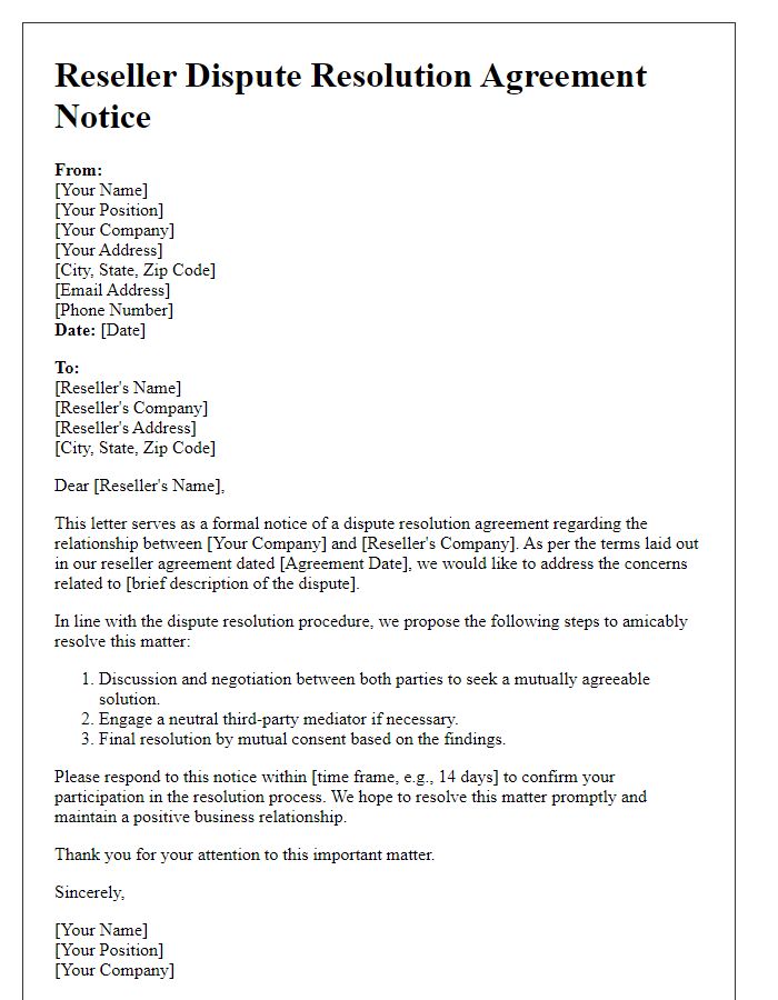 Letter template of reseller dispute resolution agreement notice