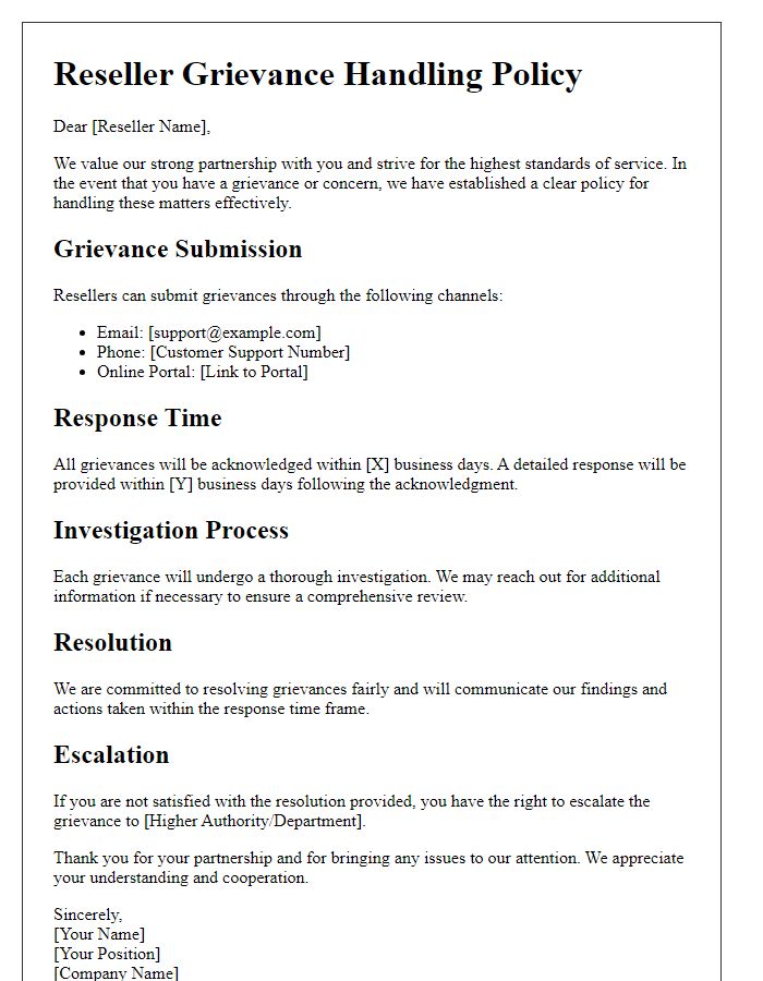 Letter template of reseller grievance handling policy