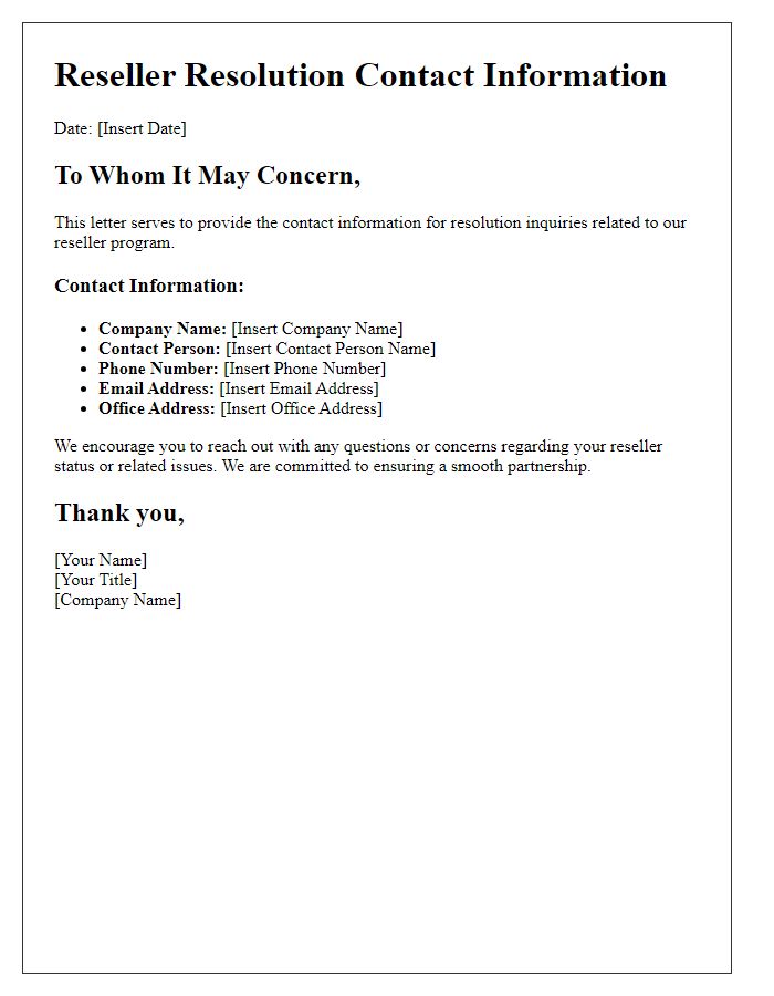 Letter template of reseller resolution contact information