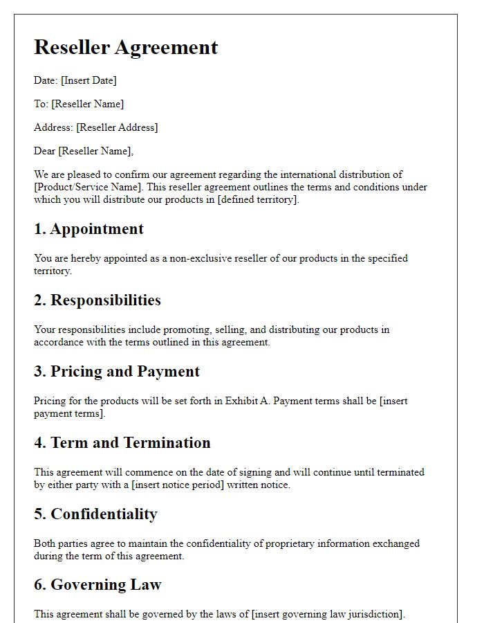 Letter template of reseller agreement for international distribution