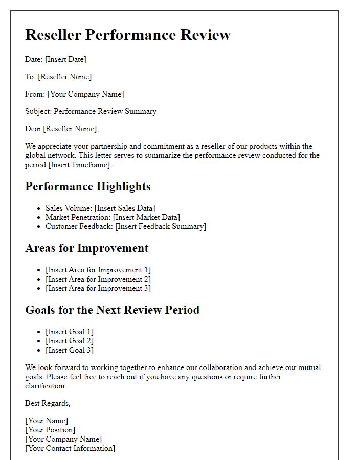 Letter template of reseller performance review for global networks