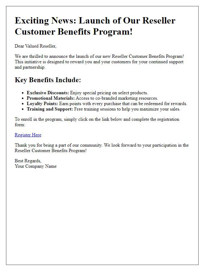 Letter template of reseller customer benefits program launch