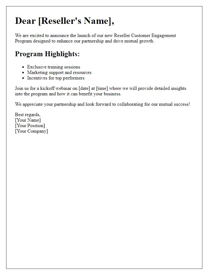 Letter template of reseller customer engagement program launch