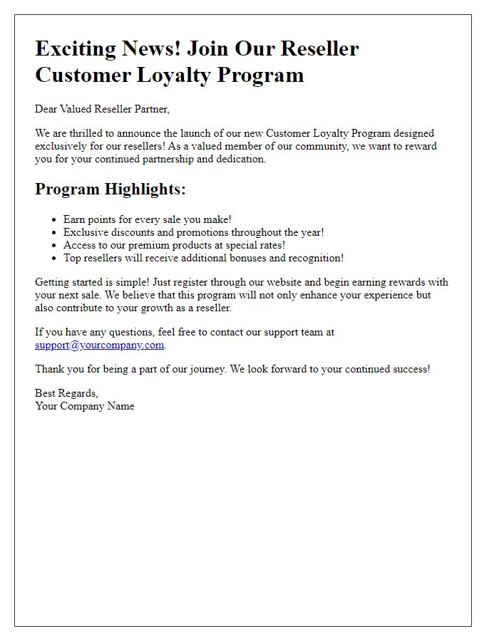 Letter template of reseller customer loyalty program announcement