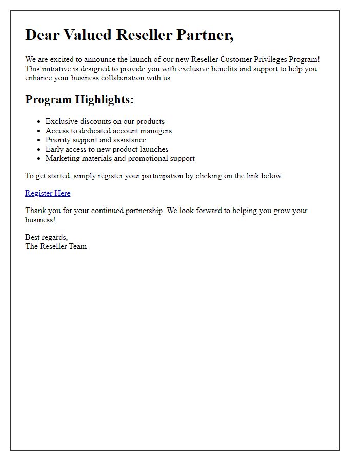 Letter template of reseller customer privileges program rollout