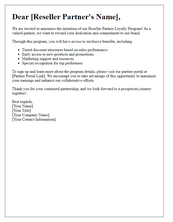 Letter template of reseller partner loyalty program initiation