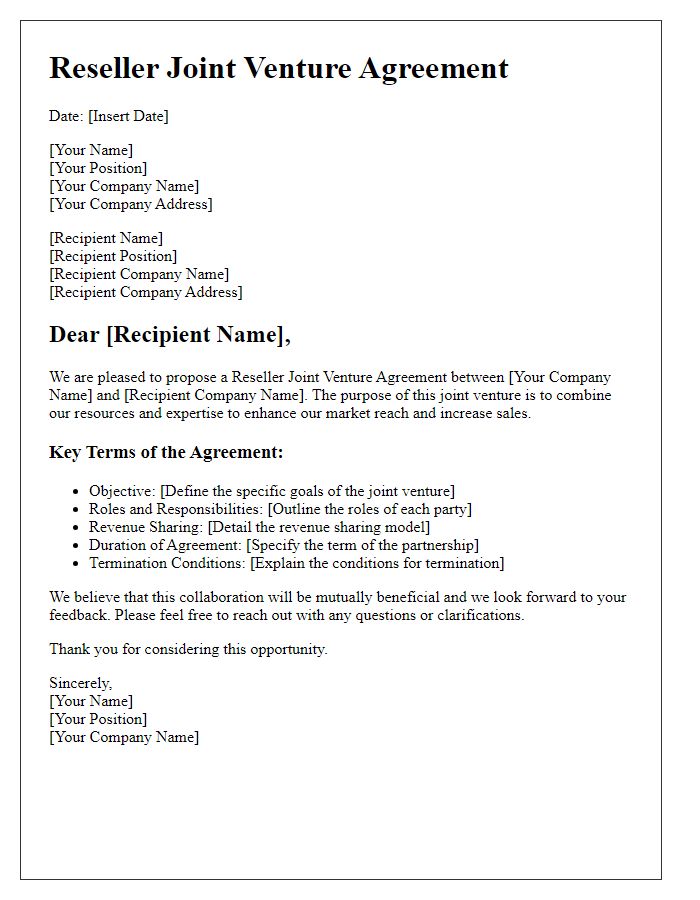 Letter template of Framework for Reseller Joint Venture Agreement