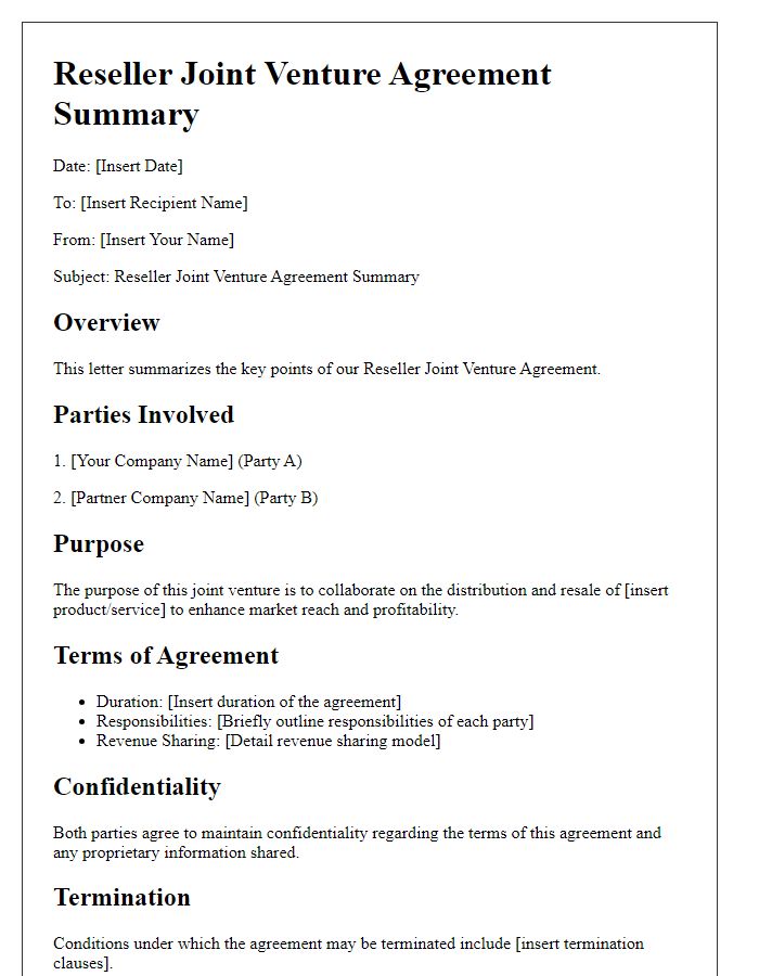 Letter template of Reseller Joint Venture Agreement Summary