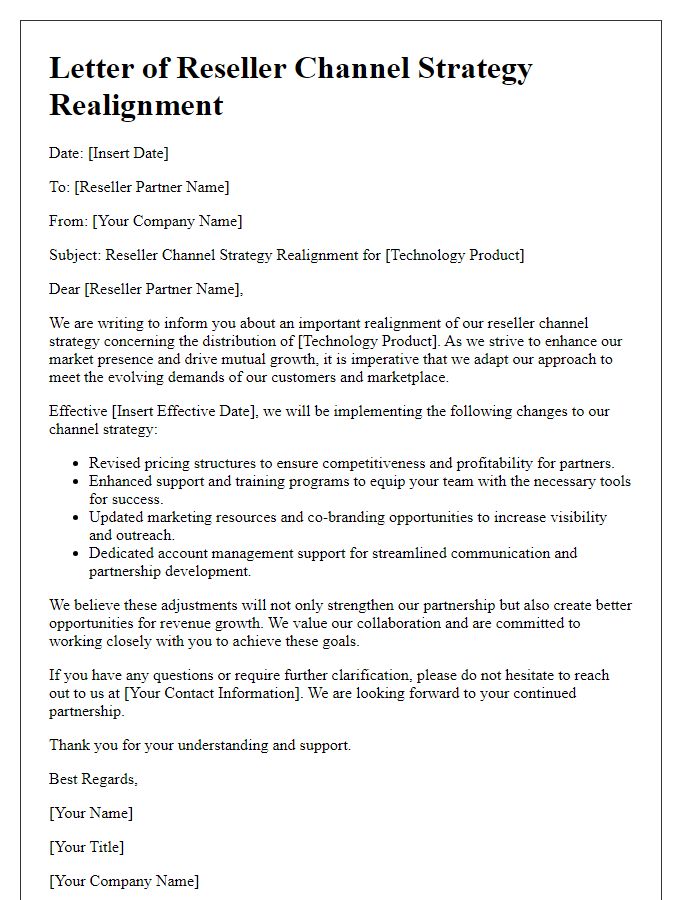 Letter template of reseller channel strategy realignment for technology product distribution