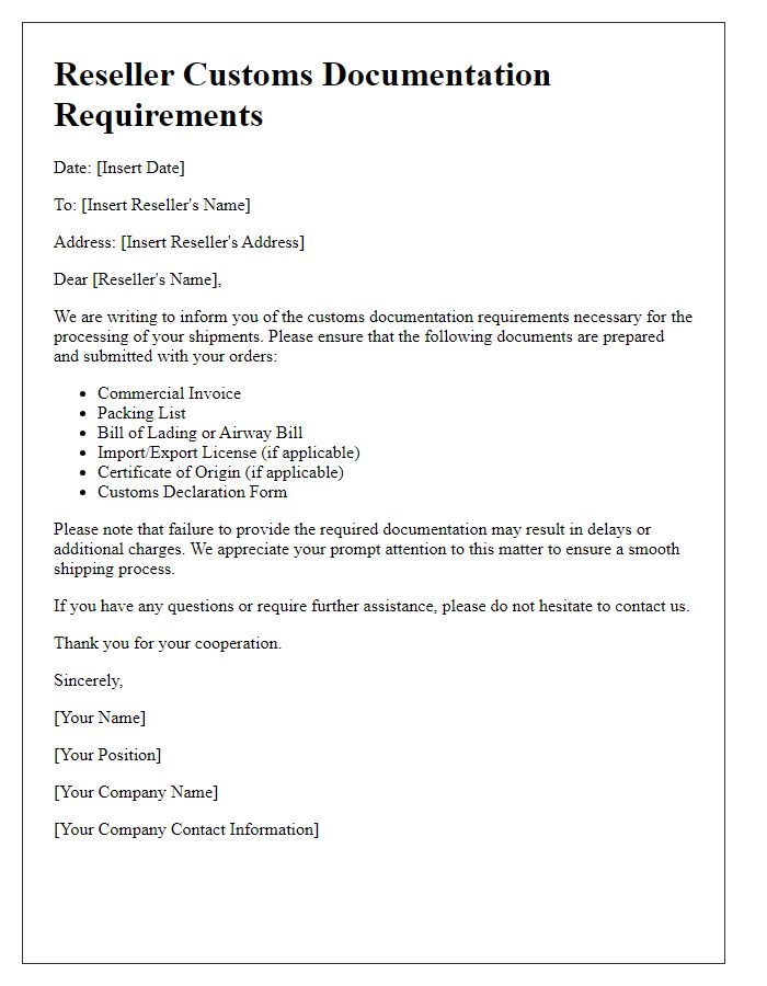 Letter template of reseller customs documentation requirements