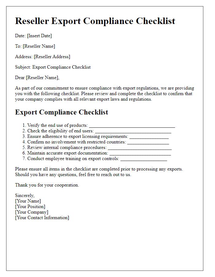 Letter template of reseller export compliance checklist