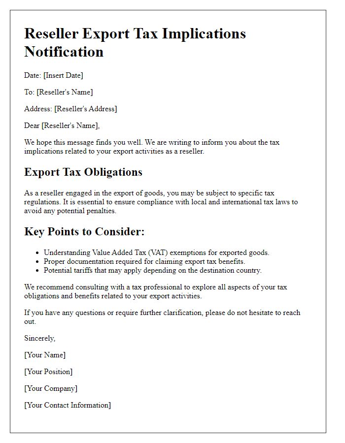 Letter template of reseller export tax implications