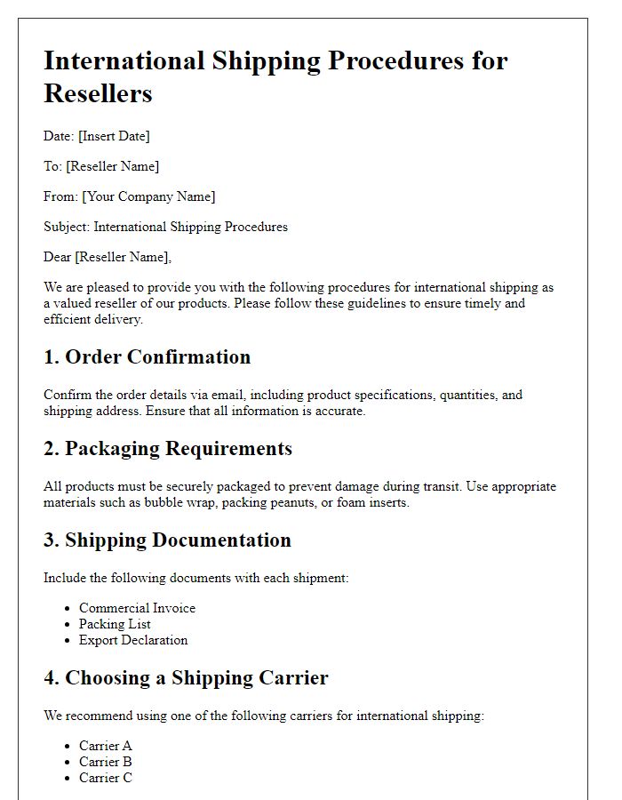 Letter template of reseller international shipping procedures