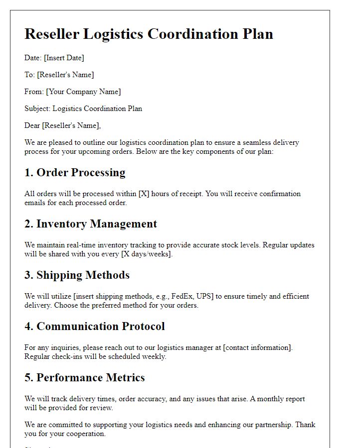 Letter template of reseller logistics coordination plan