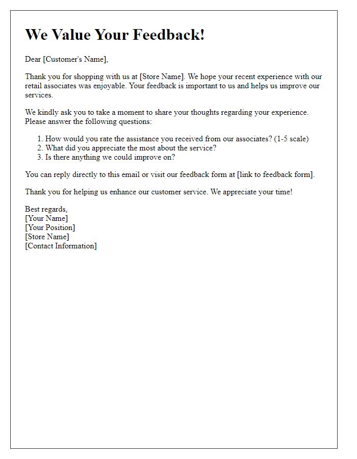 Letter template of customer service feedback request for retail associates.