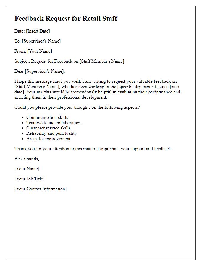 Letter template of supervisor feedback request for retail staff.