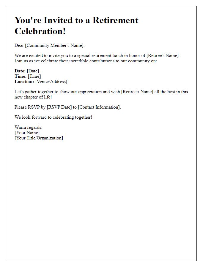 Letter template of retirement lunch invitation for a community celebration